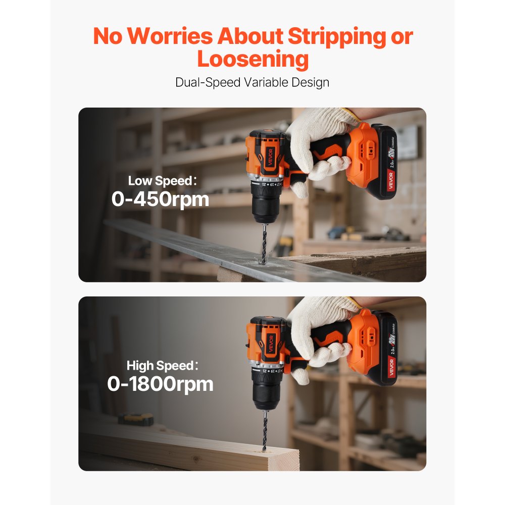 VEVOR Cordless Drill Driver, 1/2 inch Metal Chuck, Brushless Motor, Dual-Speed Variable, Drill Driver Kit with Lithium Battery and Charger, Tool Box, for Wood and Metal Drilling, Screw Driving