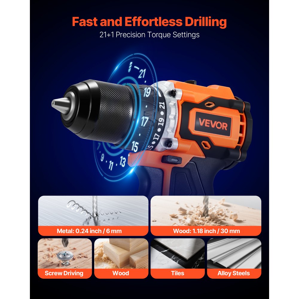 VEVOR Cordless Drill Driver, 1/2 inch Metal Chuck, Brushless Motor, Dual-Speed Variable, Drill Driver Kit with Lithium Battery and Charger, Tool Box, for Wood and Metal Drilling, Screw Driving