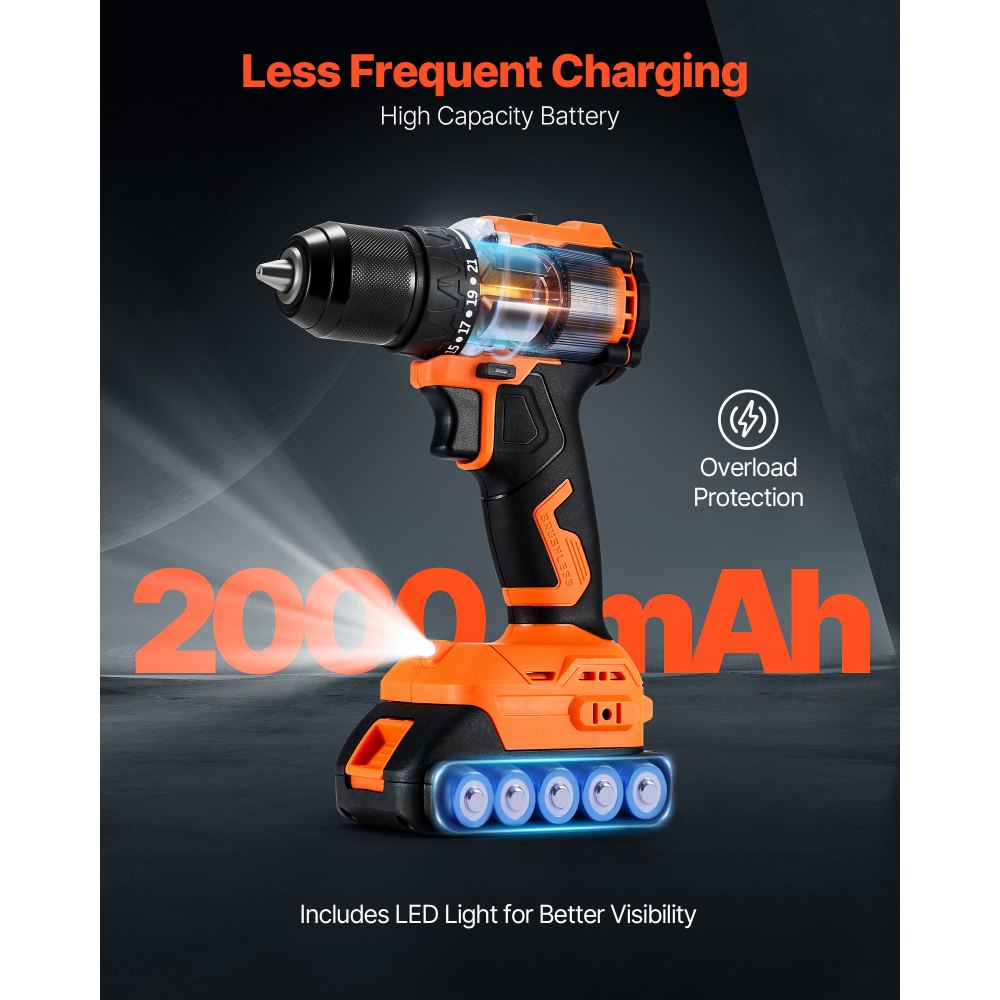 VEVOR Cordless Drill Driver, 1/2 inch Metal Chuck, Brushless Motor, Dual-Speed Variable, Drill Driver Kit with Lithium Battery and Charger, Tool Box, for Wood and Metal Drilling, Screw Driving