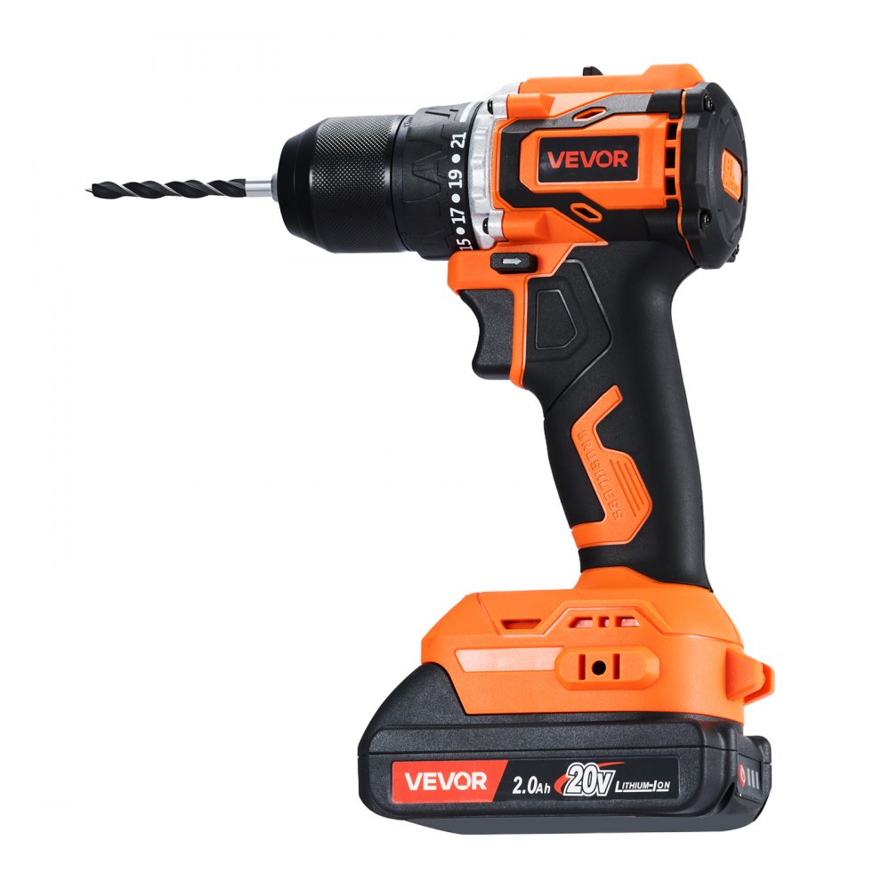 VEVOR Cordless Drill Driver, 1/2 inch Metal Chuck, Brushless Motor, Dual-Speed Variable, Drill Driver Kit with Lithium Battery and Charger, Tool Box, for Wood and Metal Drilling, Screw Driving