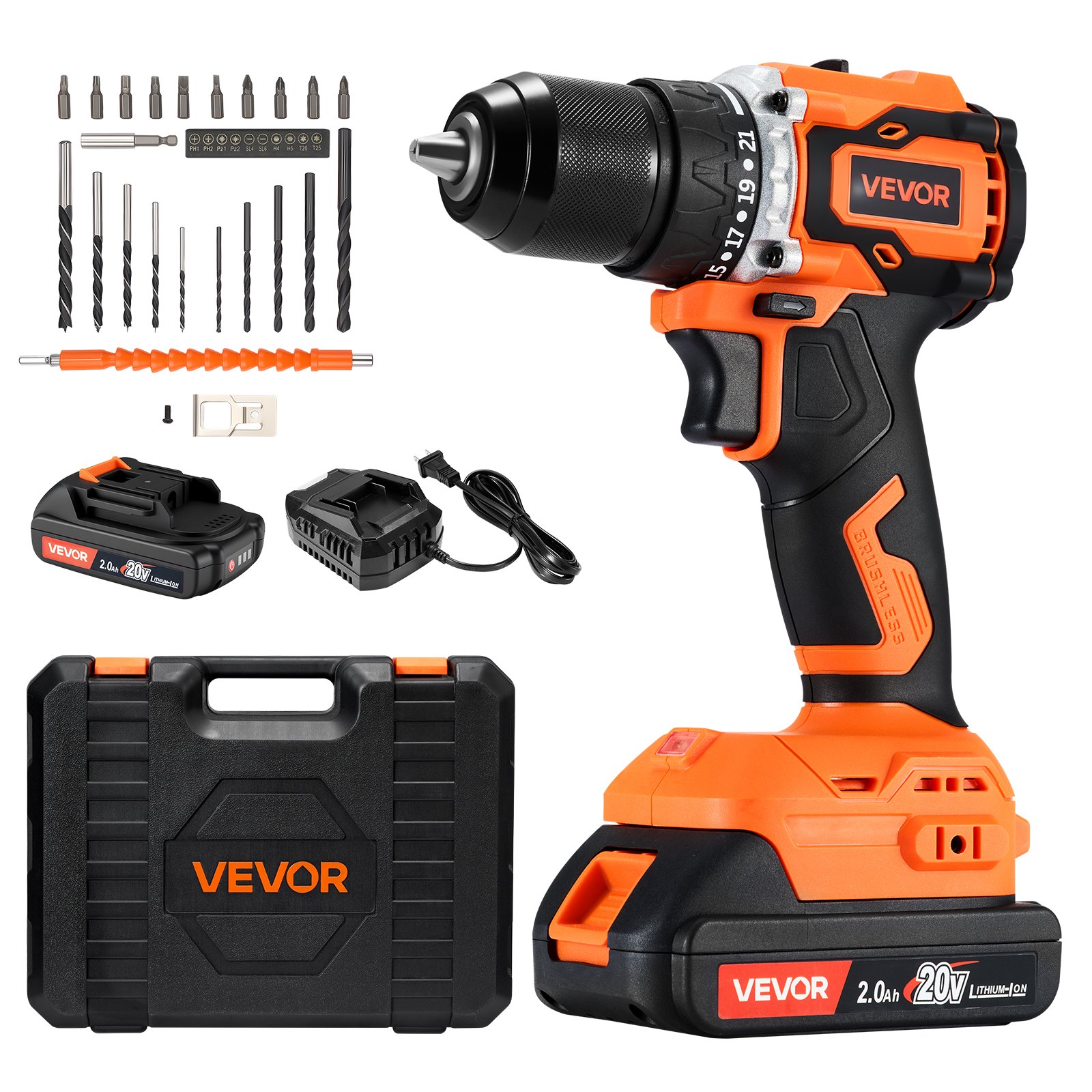 VEVOR Cordless Drill Driver, 1/2 inch Metal Chuck, Brushless Motor, Dual-Speed Variable, Drill Driver Kit with Lithium Battery and Charger, Tool Box, for Wood and Metal Drilling, Screw Driving