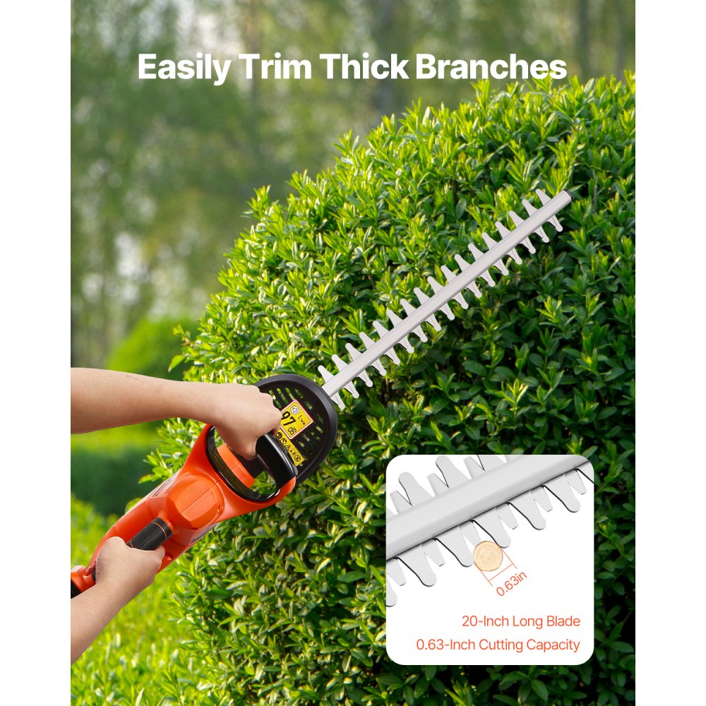VEVOR Electric Hedge Trimmer, 1200 RPM, Cordless  Hedge Trimmer for Low Branch, 20V 2A Battery, Bush Trimmer with 20 in Dual Action Blade & Secure Design, Gardening Trimmer for Yard Lawn Care