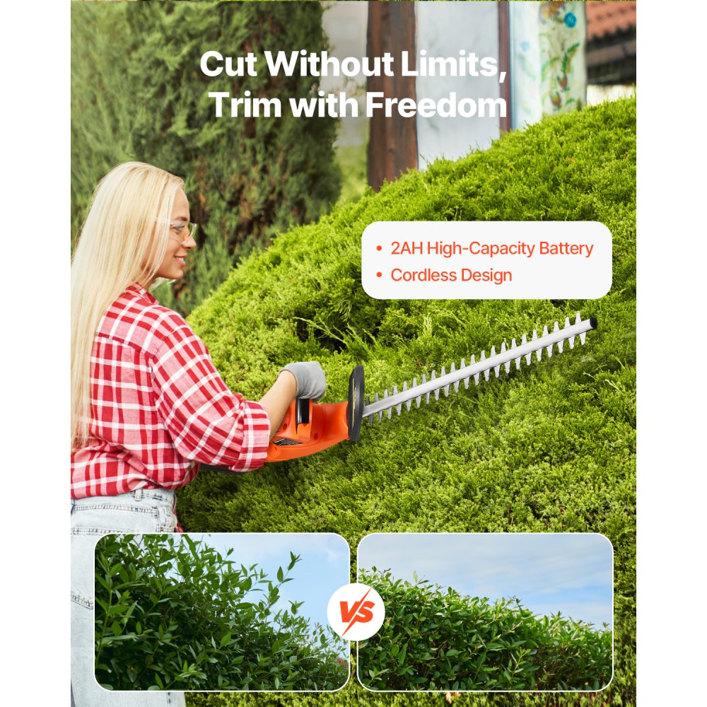 VEVOR Electric Hedge Trimmer, 1200 RPM, Cordless  Hedge Trimmer for Low Branch, 20V 2A Battery, Bush Trimmer with 20 in Dual Action Blade & Secure Design, Gardening Trimmer for Yard Lawn Care
