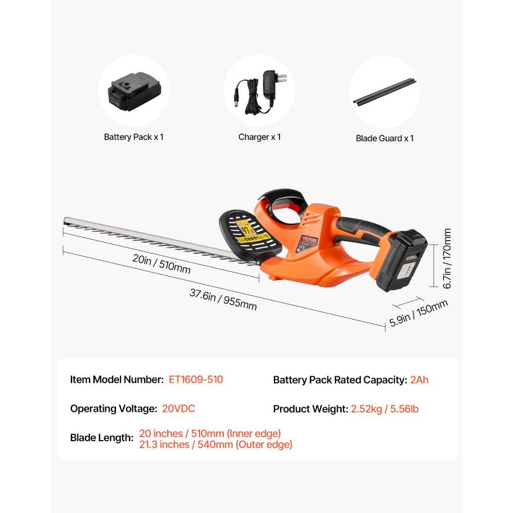 VEVOR Electric Hedge Trimmer, 1200 RPM, Cordless  Hedge Trimmer for Low Branch, 20V 2A Battery, Bush Trimmer with 20 in Dual Action Blade & Secure Design, Gardening Trimmer for Yard Lawn Care