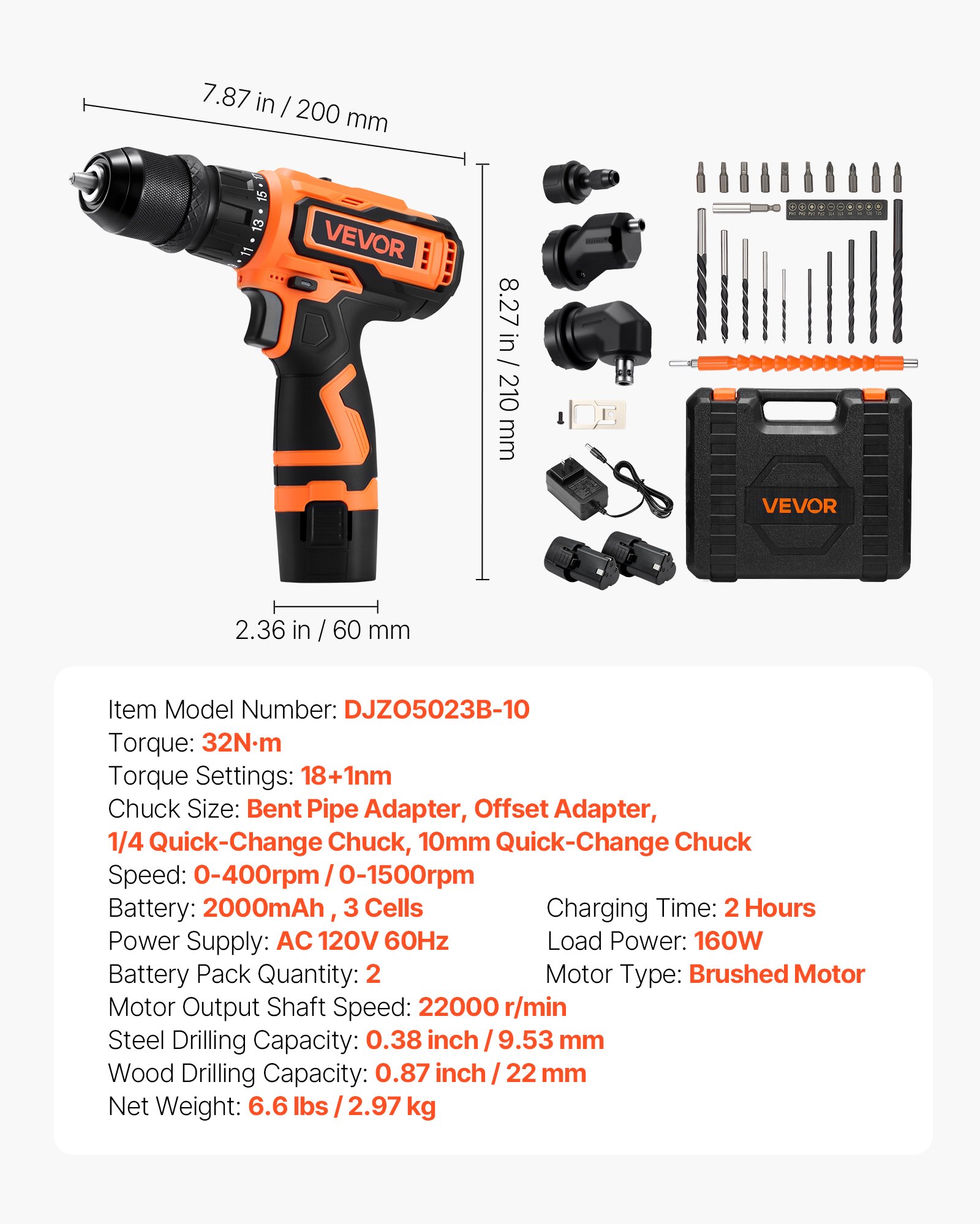 VEVOR Cordless Drill Driver, 5-In-1, Metal Chuck, Dual-Speed Variable, Drill Driver Kit with 2 Lithium Batteries and Charger, Tool Box, for Wood and Metal Drilling, Screw Tightening or Loosening