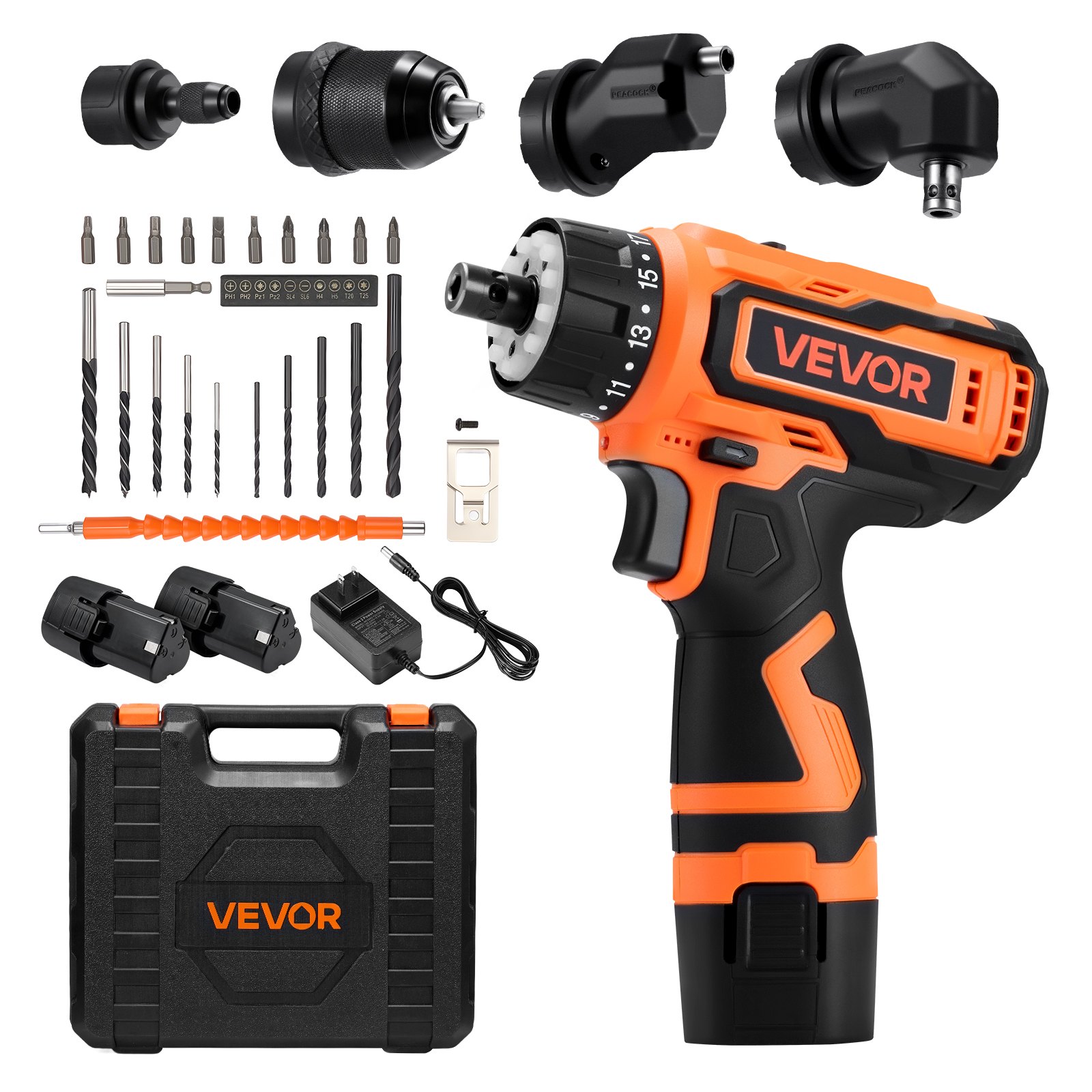 VEVOR Cordless Drill Driver, 5-In-1, Metal Chuck, Dual-Speed Variable, Drill Driver Kit with 2 Lithium Batteries and Charger, Tool Box, for Wood and Metal Drilling, Screw Tightening or Loosening
