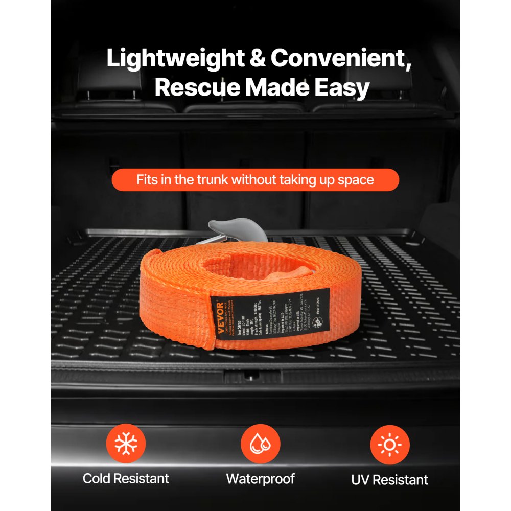 VEVOR ATV Tow Strap with Hooks, 2-inch x 20-foot, 17000 lbs Capacity, Durable Recovery Rope with Security Hooks for Trucks and Vehicles, Essential Towing Accessory for Roadside Assistance