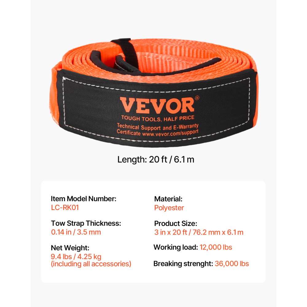 VEVOR Heavy Duty Tow Strap Recovery Kit 76.2 mm x 6.1 m (MBS-16329 kg) Tree Saver Winch Strap, Triple Reinforced Loop & Protective Sleeves & Storage Bag, 19 mm D-Ring Shackles, for Truck Jeep SUV ATV