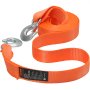 bright orange VEVOR tow strap with heavy-duty metal hooks, ideal for vehicle towing and recovery.