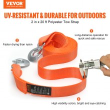 VEVOR ATV Car Tow Strap with Hooks 2"x20' 17000 lbs, Tow Straps with Safety Hooks, Car Heavy Duty Recovery Rope for Trucks Vehicles Towing Accessories, Tow Cable for for Roadside Recovery