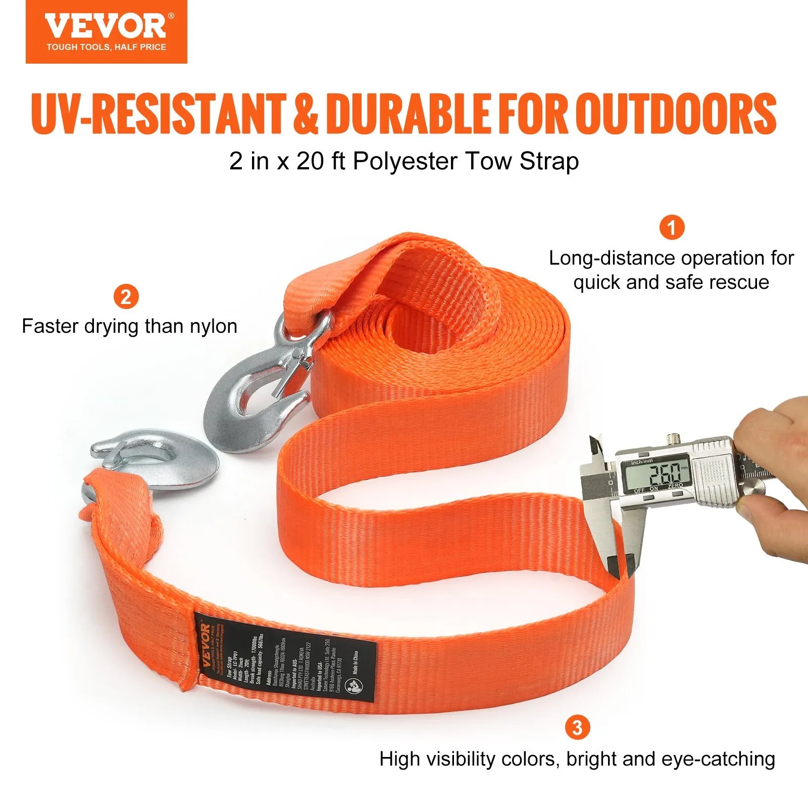 VEVOR tow strap, orange polyester, 2 in x 20 ft, uv-resistant, durable, with hooks, faster drying.