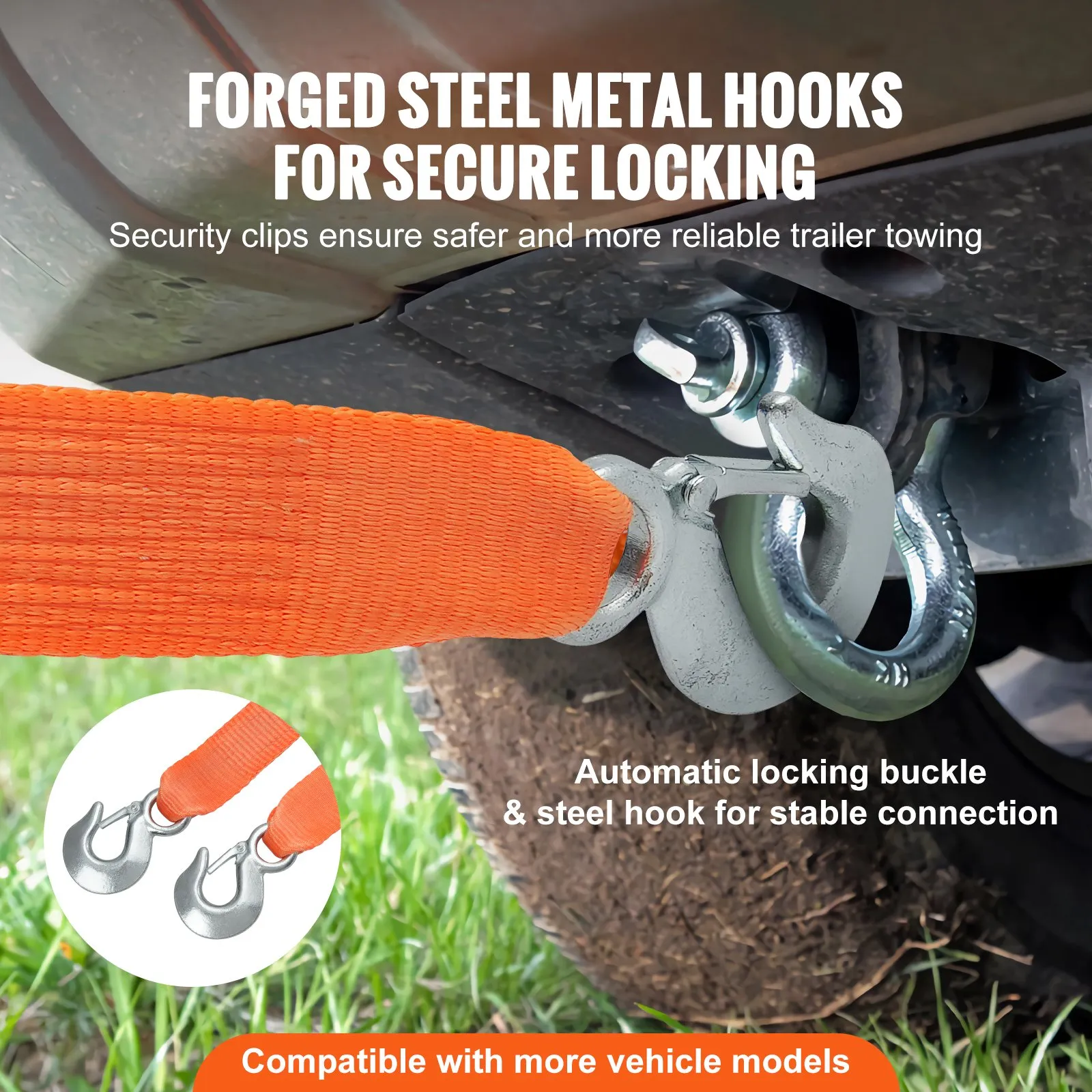 VEVOR tow strap with forged steel hooks and security clips for reliable trailer towing, automatic lock.