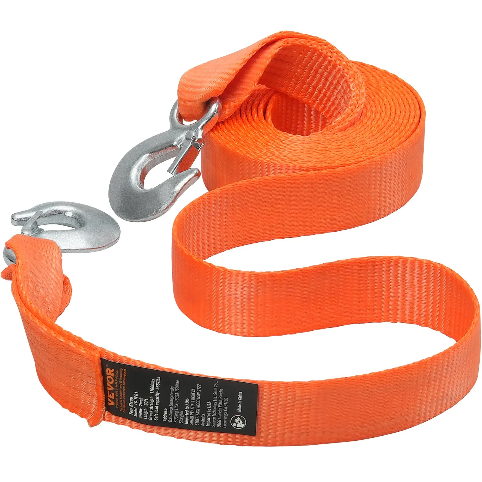 bright orange VEVOR tow strap with heavy-duty metal hooks, ideal for vehicle towing and recovery.