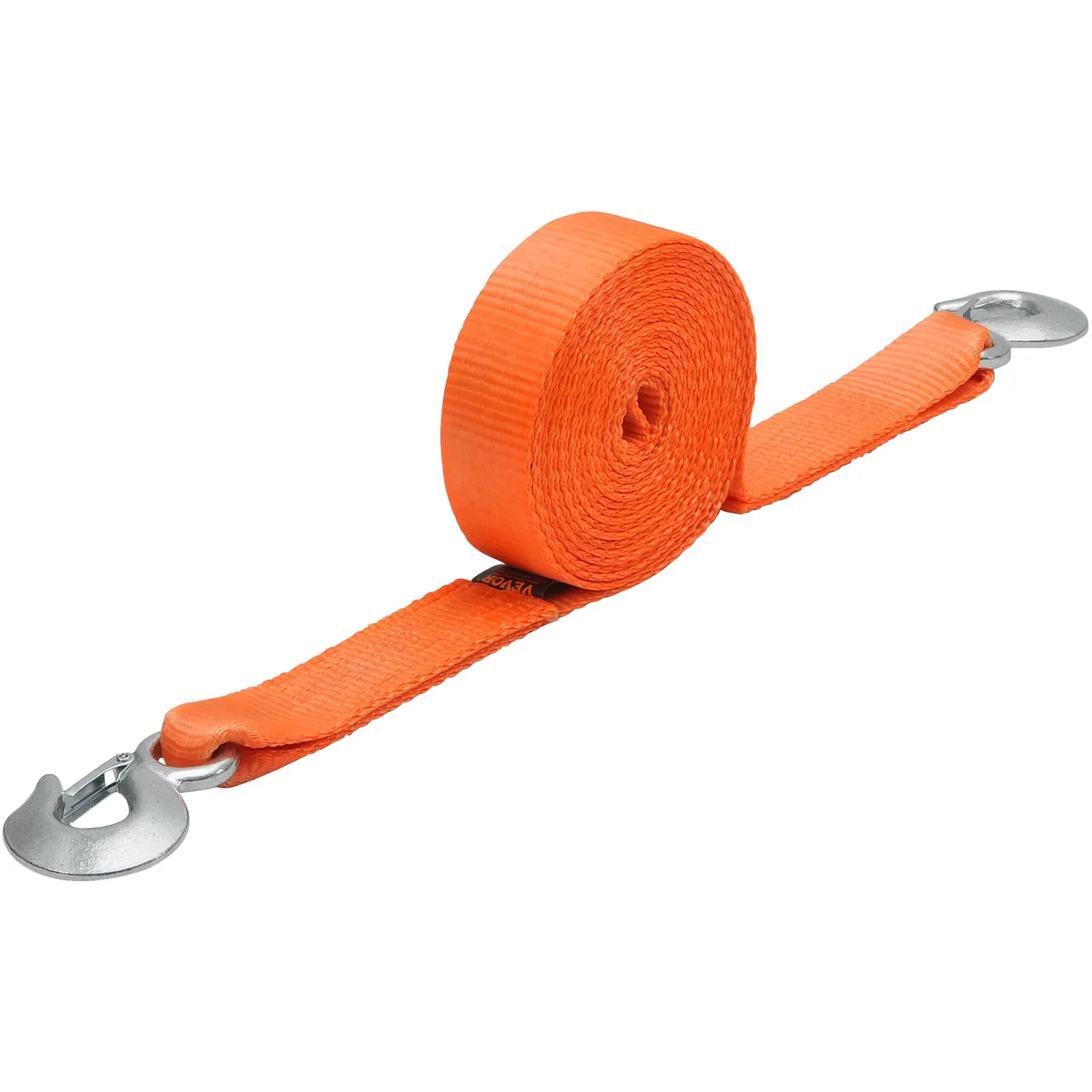 orange VEVOR tow strap with metal hooks, coiled and ready for use.