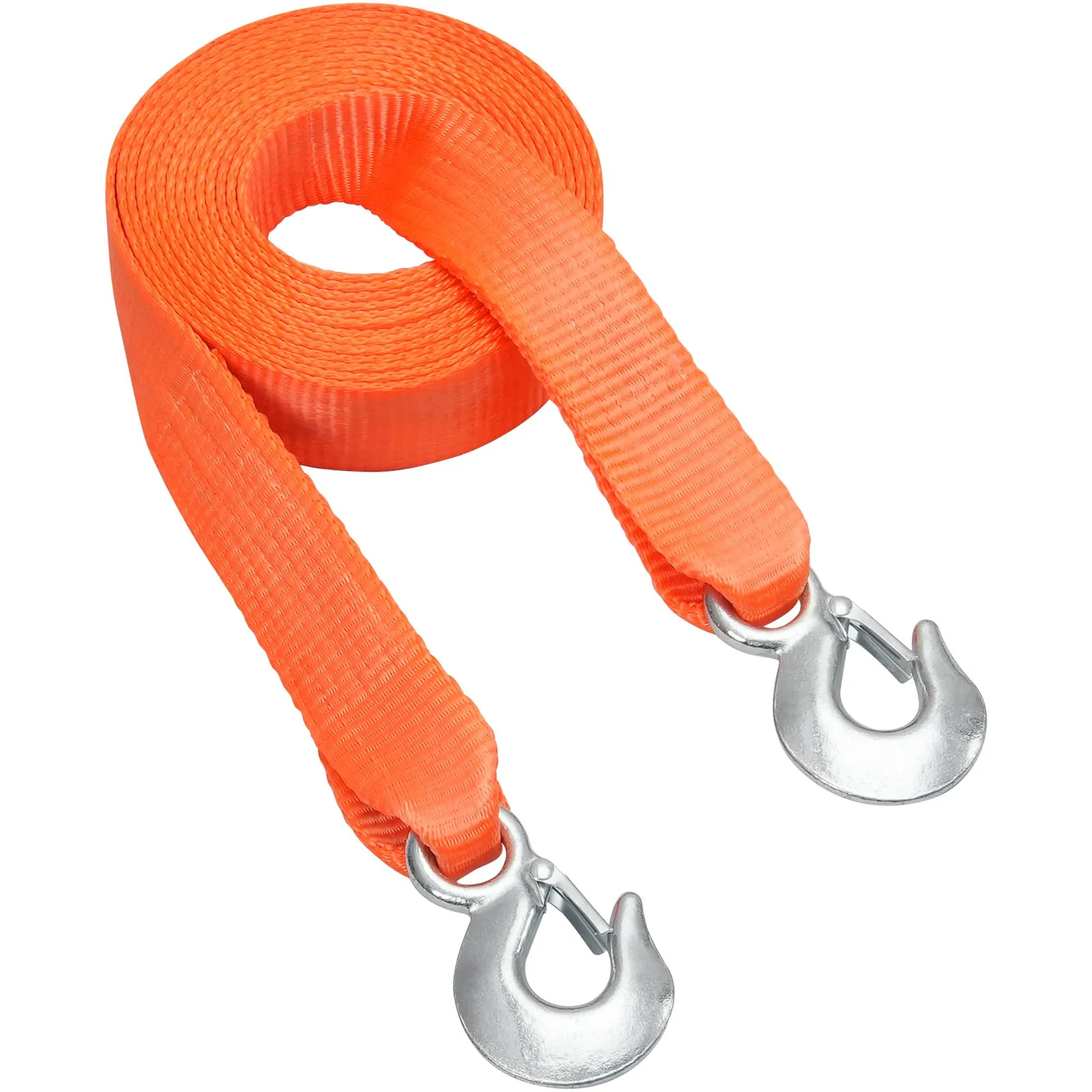 orange VEVOR tow strap with two metal hooks, coiled neatly for easy storage and transport.