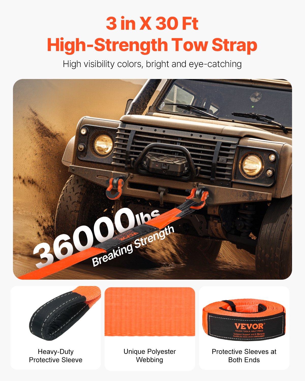 VEVOR Heavy Duty Tow Strap Recovery Kit 76.2 mm x 9.1 m (MBS-16329 kg) Tree Saver Winch Strap, Triple Reinforced Loop & Protective Sleeves & Storage Bag, 19 mm D-Ring Shackles, for Truck Jeep SUV ATV