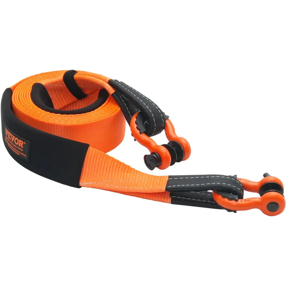 VEVOR heavy duty tow strap with black hooks and reinforced stitching, coiled on a white background.