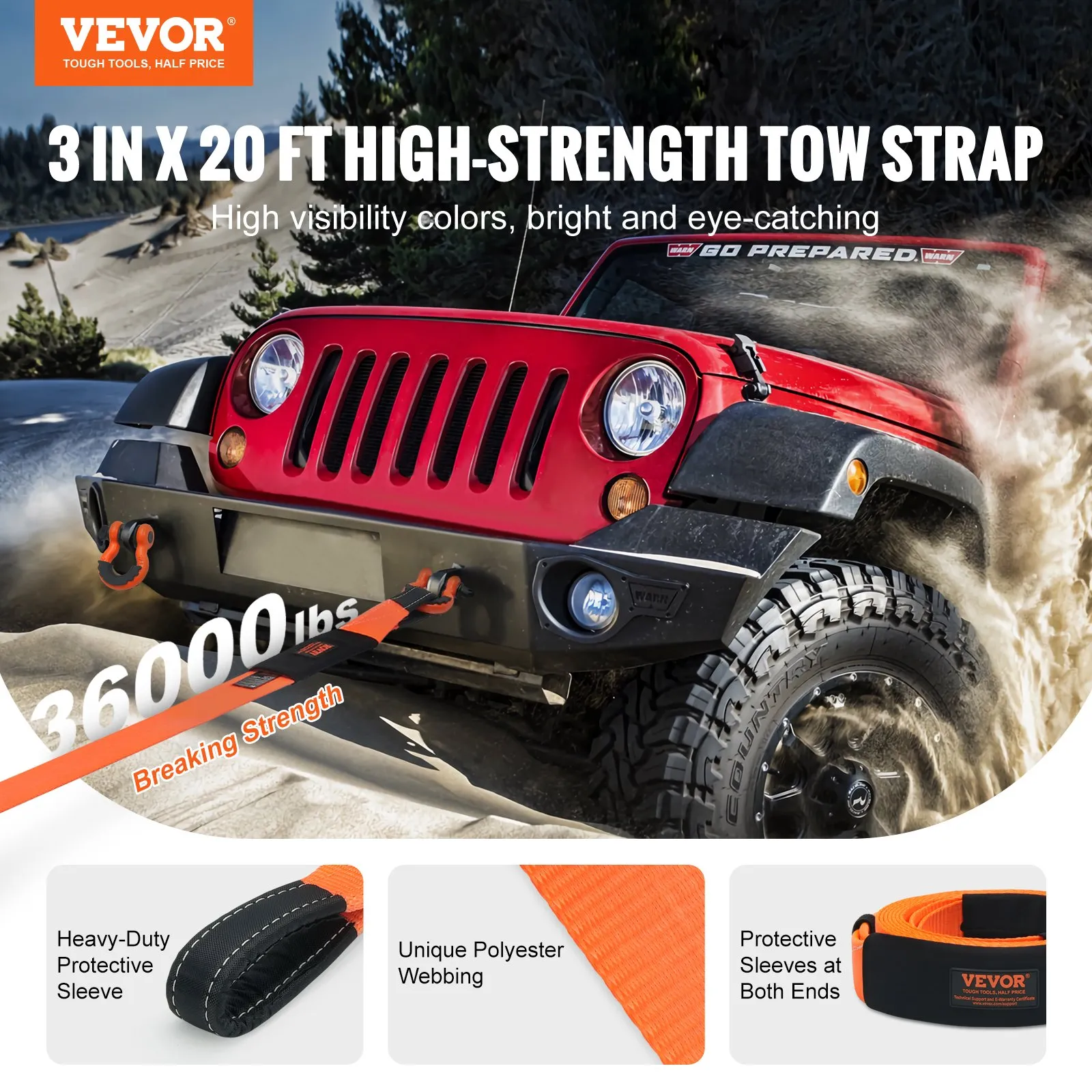 red off-road vehicle in action with VEVOR heavy duty tow strap; features durable orange strap and 36000 lbs capacity.