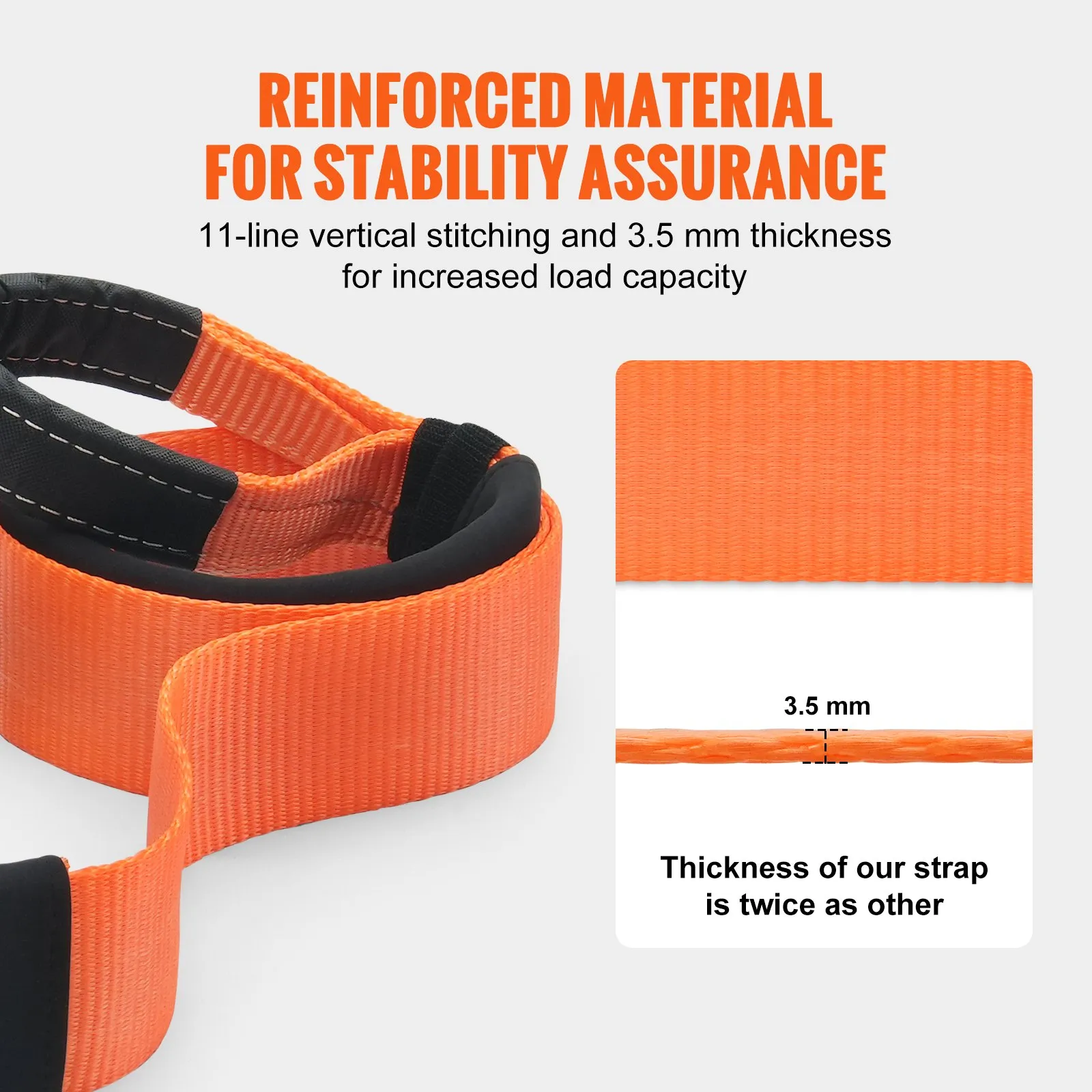 VEVOR heavy duty tow strap with 11-line stitching and 3.5 mm thickness for increased load capacity.