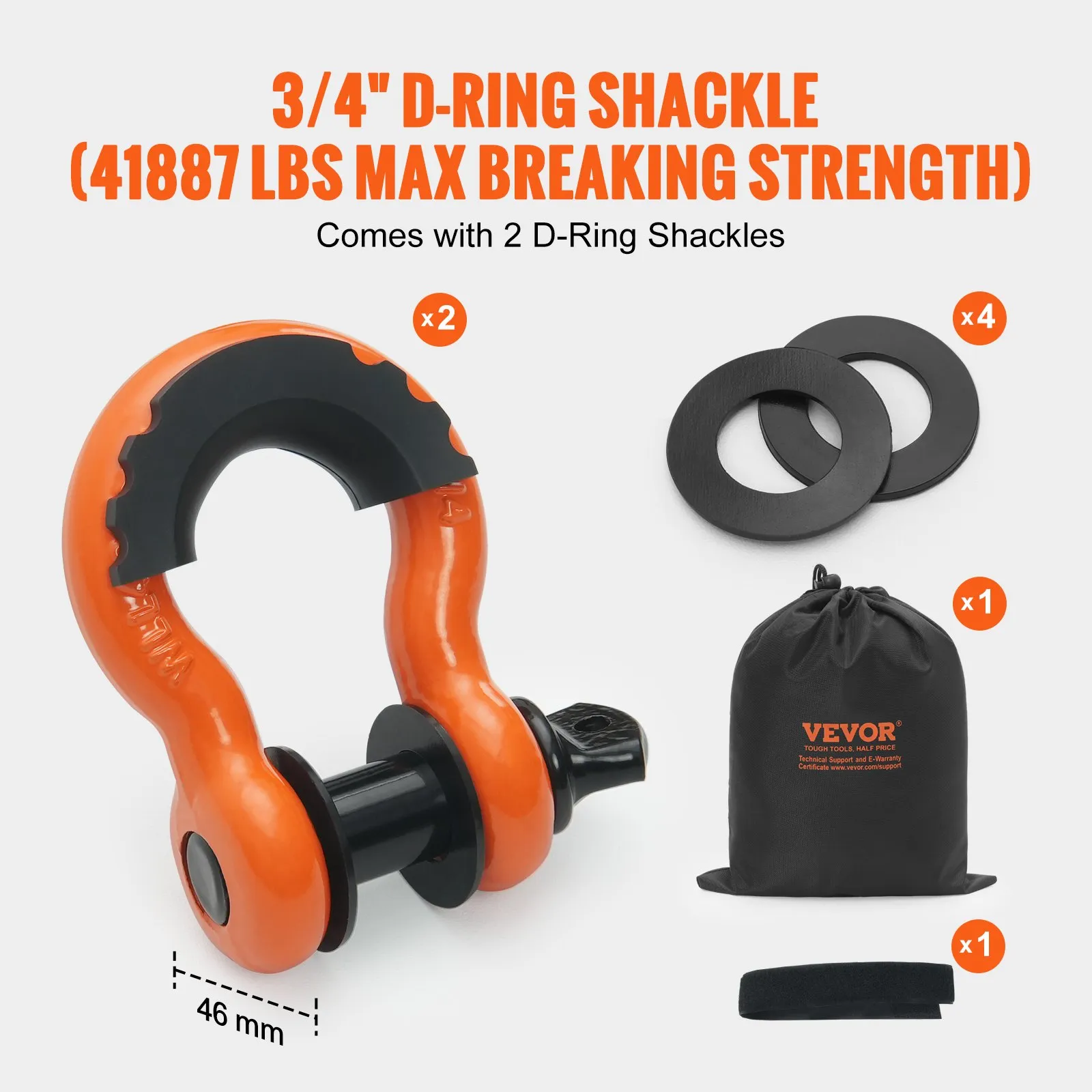 3/4&quot; d-ring shackle, 41887 lbs max breaking strength, includes 2 shackles, 4 washers, and a bag.