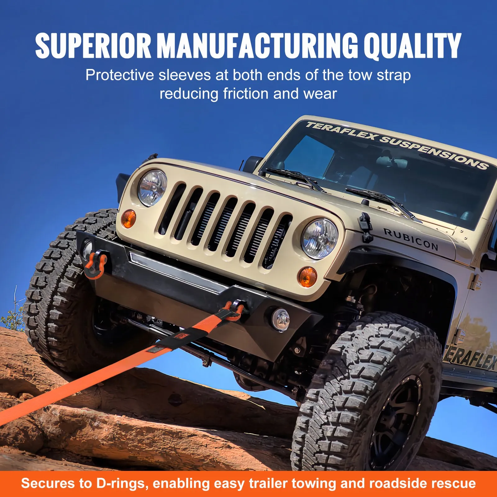 VEVOR heavy duty tow strap secures a jeep with protective sleeves and hooks, ensuring superior durability.