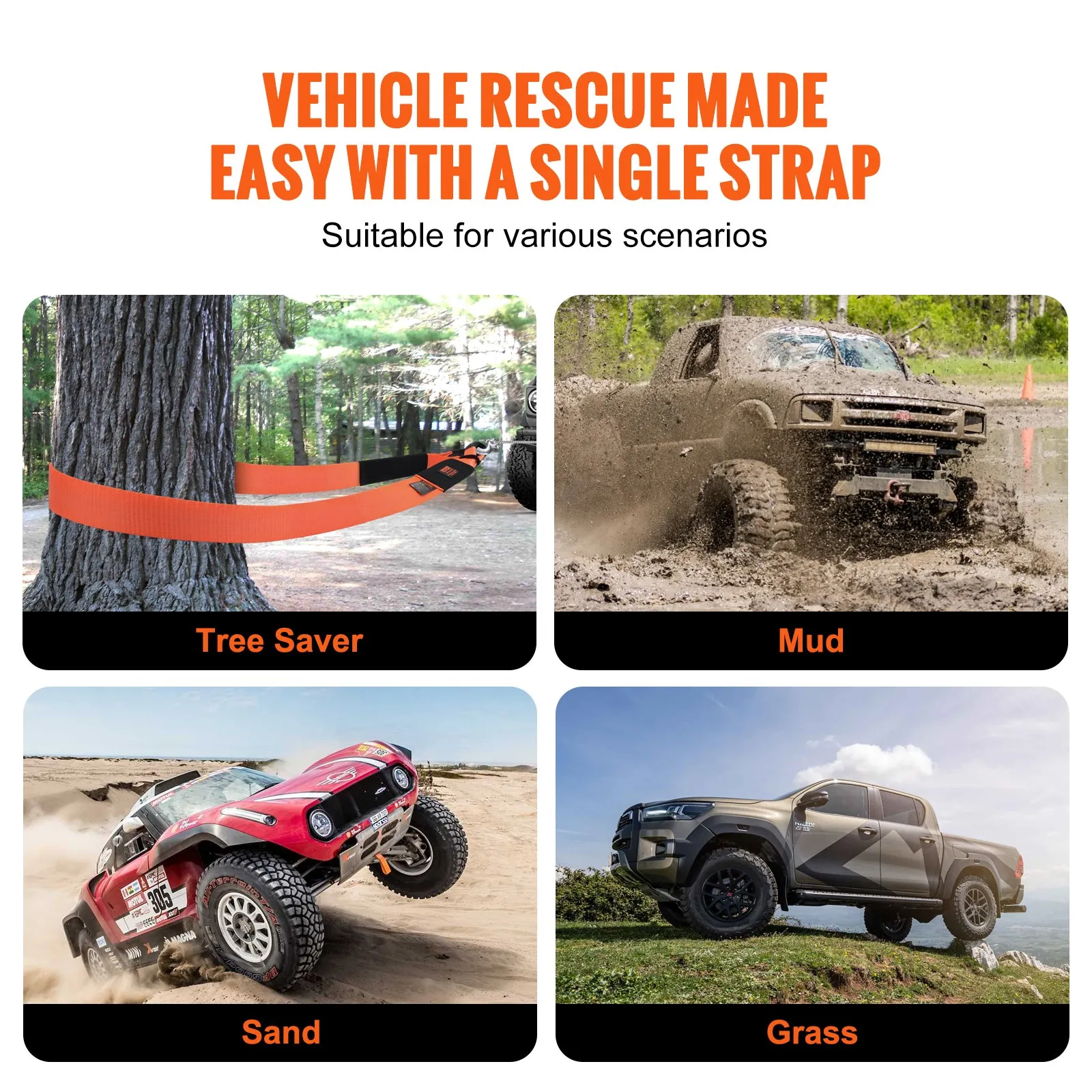 VEVOR heavy duty tow strap for vehicle rescue in tree saver, mud, sand, and grass scenarios.
