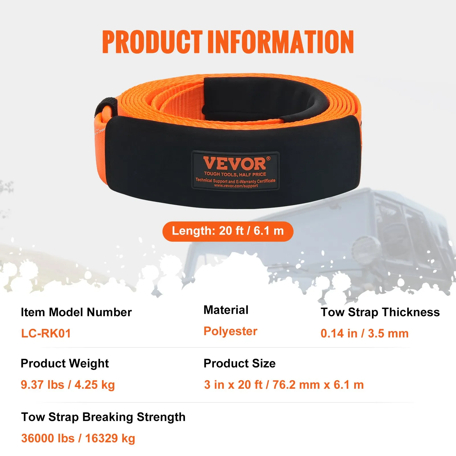 VEVOR heavy duty tow strap, 20ft, 36000 lbs breaking strength, polyester, model lc-rk01.