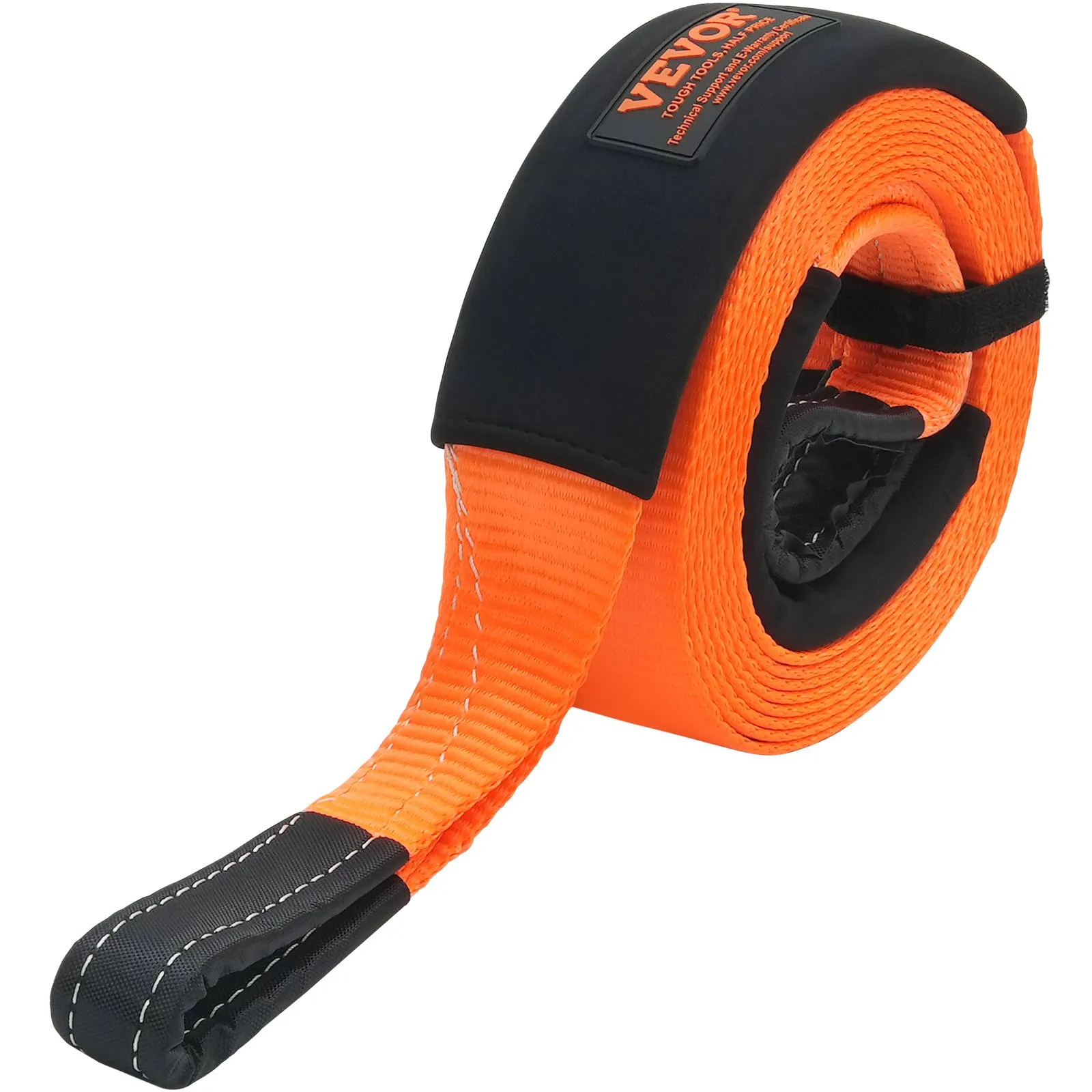 VEVOR heavy duty tow strap, rolled orange strap with reinforced loops and black protective sleeves.