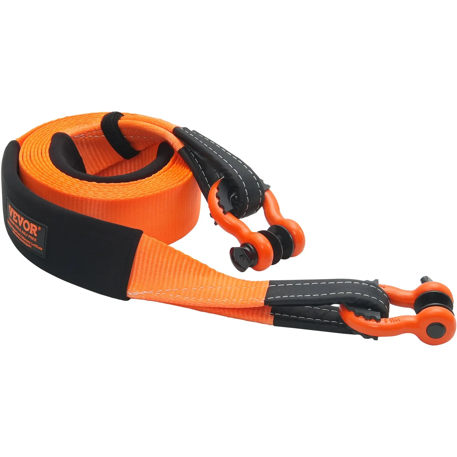 VEVOR heavy duty tow strap with black hooks and reinforced stitching, coiled on a white background.