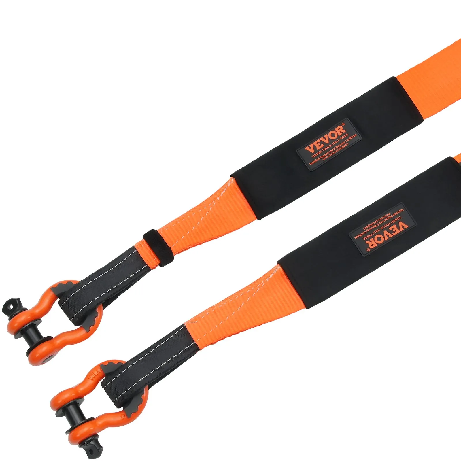 VEVOR heavy duty tow strap features orange straps, reinforced stitching, and metal shackles.