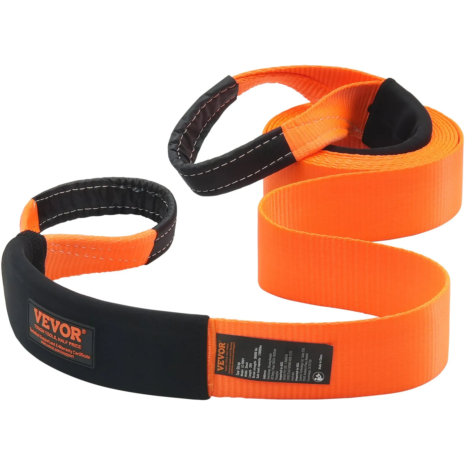 orange VEVOR heavy duty tow strap with reinforced loops and protective sleeve, designed for towing safety.