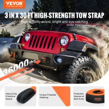 VEVOR Heavy Duty Tow Strap Recovery Kit 85.1 mm x 9.1 m (MBS-16329 kg) Tree Saver Winch Strap, Triple Reinforced Loop & Protective Sleeves & Storage Bag , 19 mm D-Ring Shackles, for Truck Jeep SUV ATV