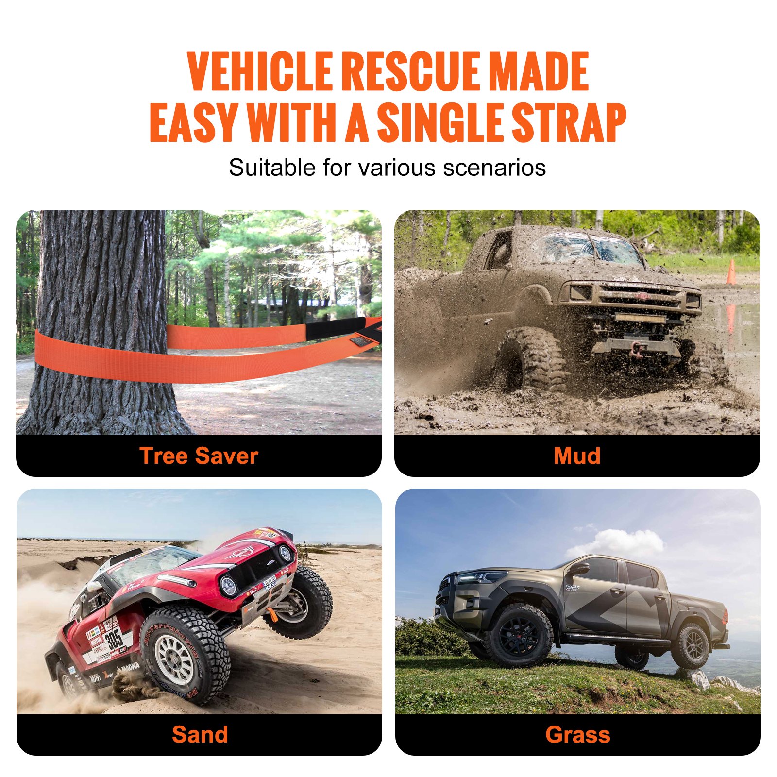 VEVOR Heavy Duty Tow Strap Recovery Kit 3" x 30 ft (MBS-36,000 lbs) Tree Saver Winch Strap, Triple Reinforced Loop & Protective Sleeves & Storage Bag , 3/4" D-Ring Shackles, for Truck Jeep SUV ATV