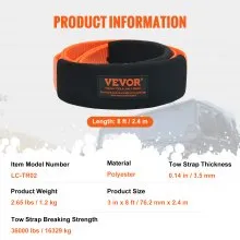 VEVOR Recovery Tow Strap 3 inches, 8 feet 36,000 lbs Break Strength, Triple Reinforced Loop Straps, Tree Saver, Winch Line Extension Strap, Off Road Towing and Recovery, Extreme Weather Resistance