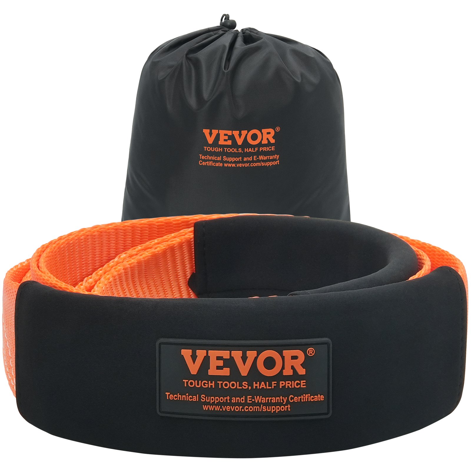 VEVOR tow strap with protective case and carrying bag, bright orange and black design.