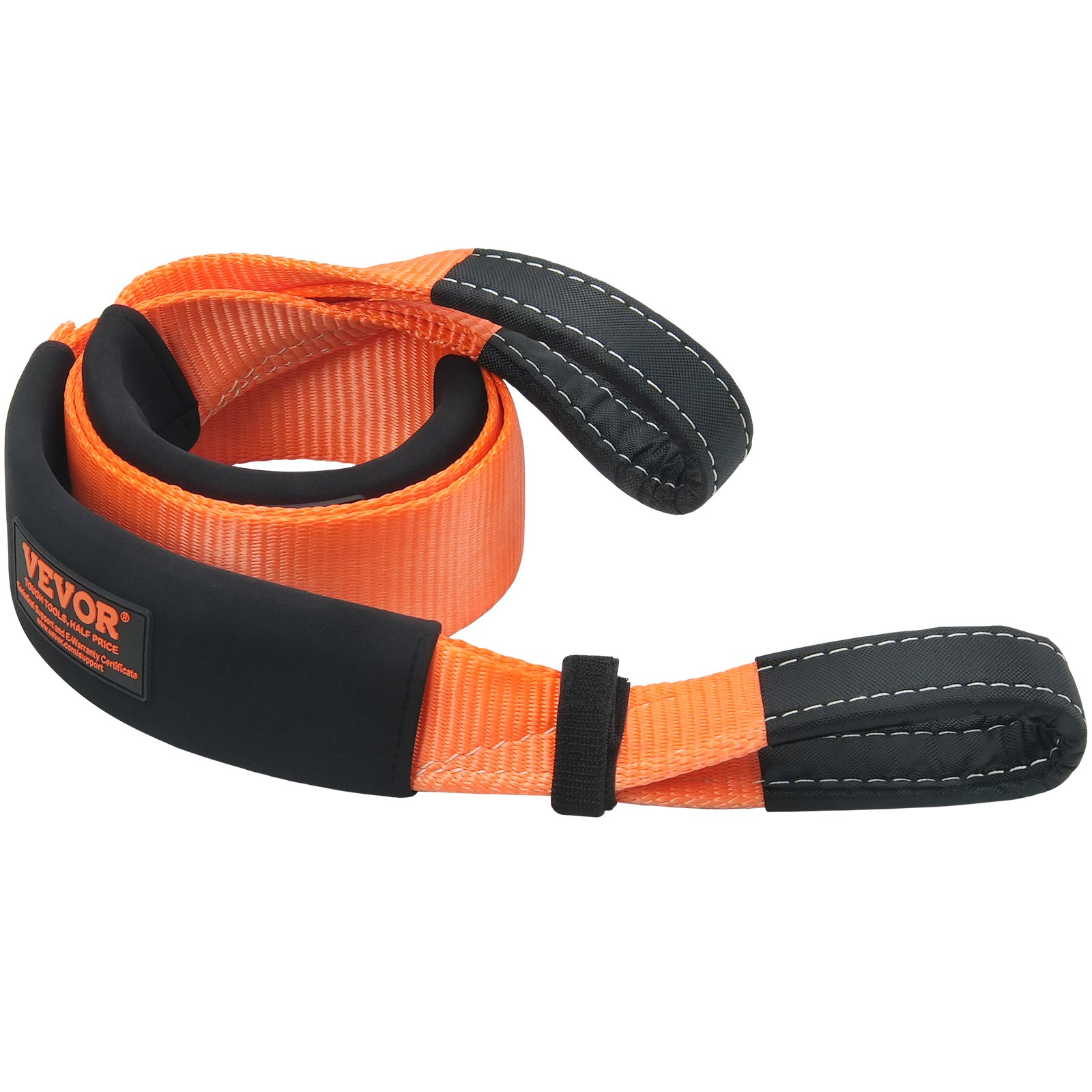 orange VEVOR tow strap with reinforced ends and protective sleeve, ideal for heavy-duty towing tasks.