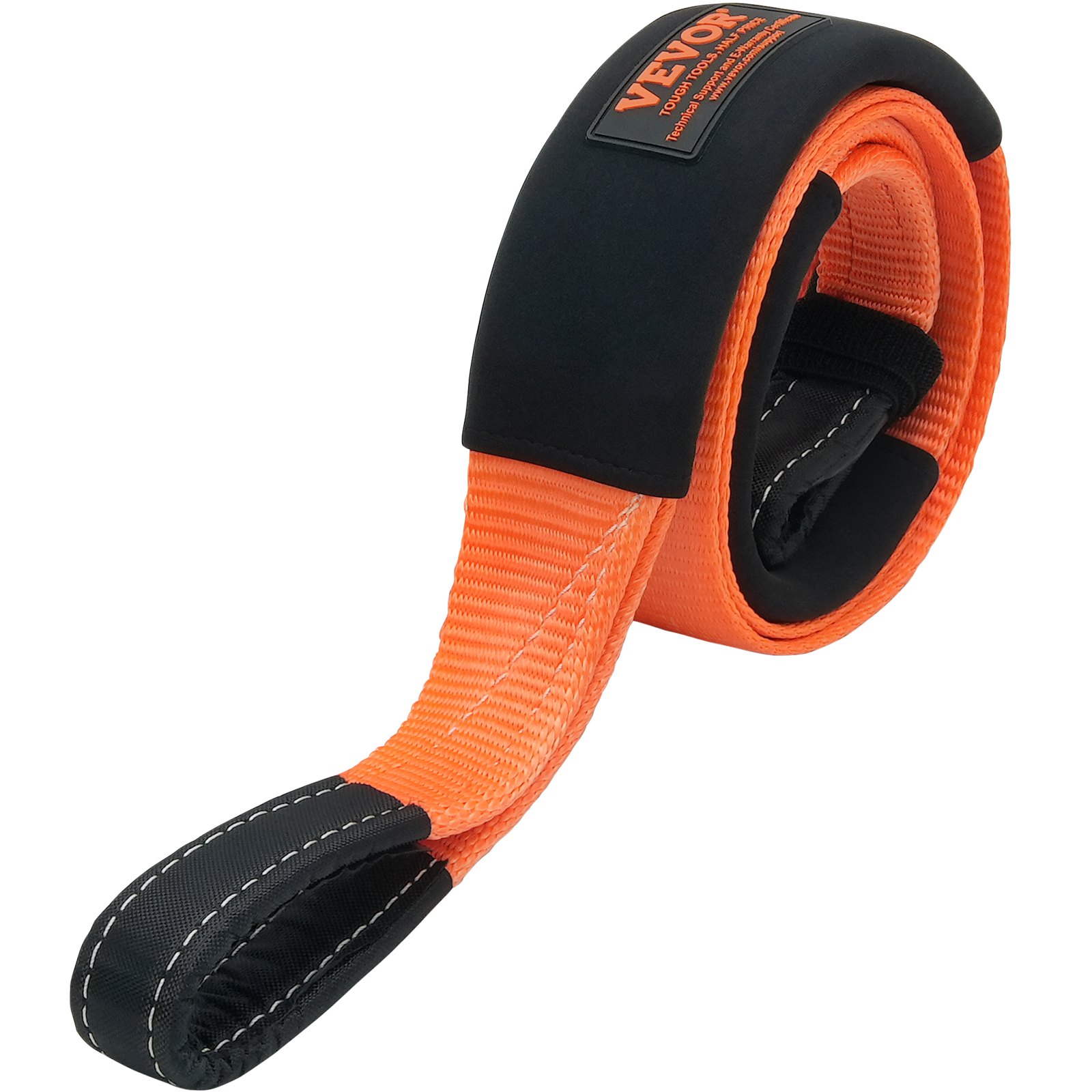 VEVOR tow strap, orange and black, coiled, with reinforced loops, durable and heavy-duty.