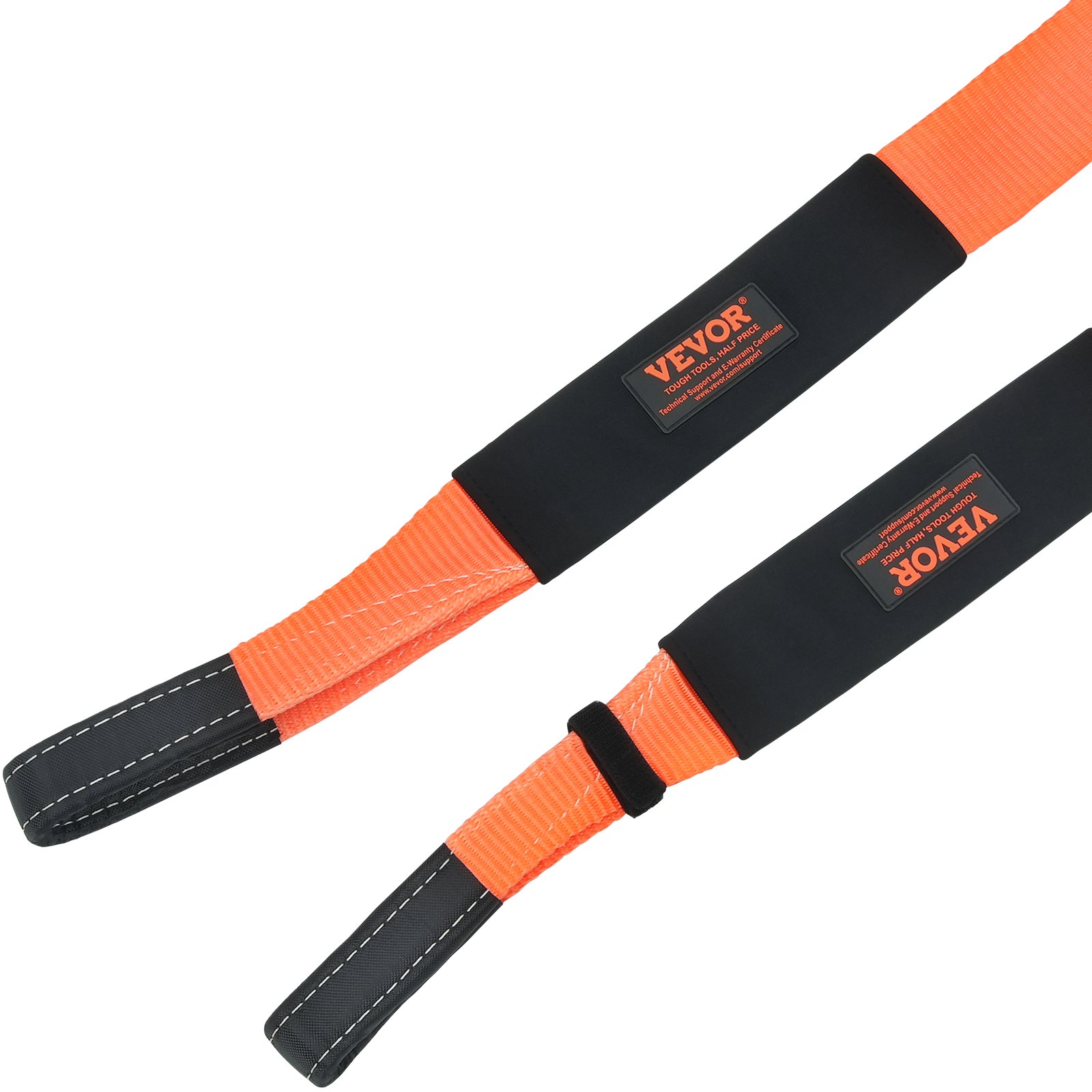 orange VEVOR tow strap with reinforced black loop ends and safety stitching for heavy-duty towing.