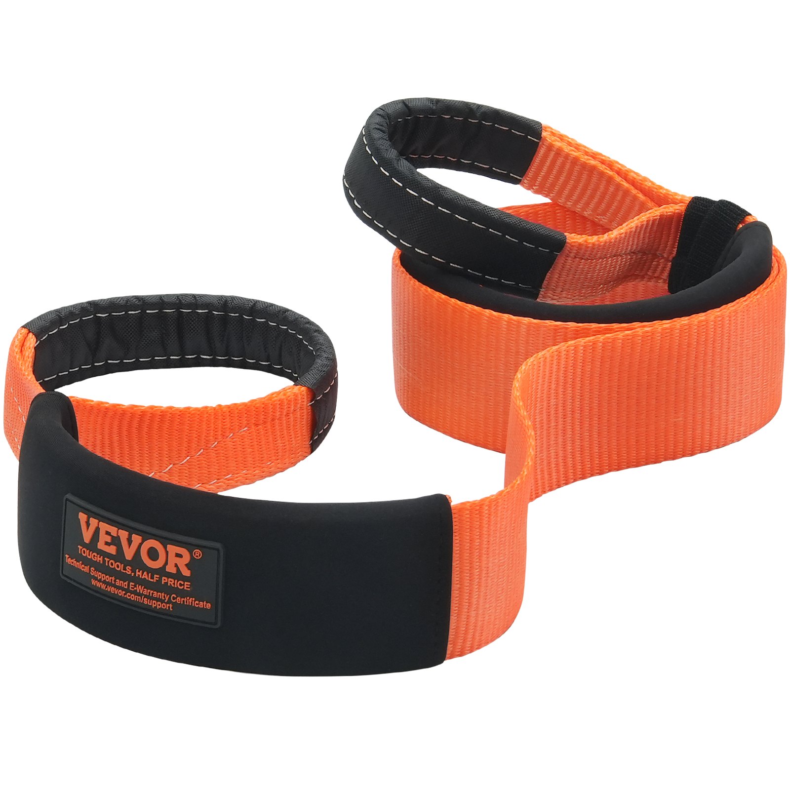 bright orange VEVOR tow strap with reinforced black loop ends and VEVOR branding.