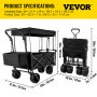 VEVOR collapsible garden cart dimensions and specifications in yellow and black.