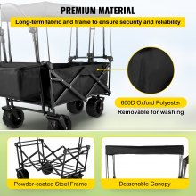 VEVOR Collapsible Wagon Cart Black Foldable Wagon Cart Removable Canopy 600D Oxford Cloth Collapsible Wagon Oversized Wheels Portable Folding Wagon Adjustable Handles for Beach, Garden, Sports