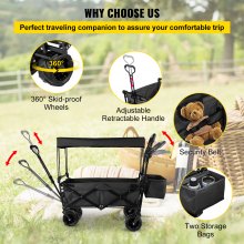 VEVOR Collapsible Wagon Cart Black Foldable Wagon Cart Removable Canopy 600D Oxford Cloth Collapsible Wagon Oversized Wheels Portable Folding Wagon Adjustable Handles for Beach, Garden, Sports