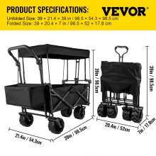 VEVOR Collapsible Wagon Cart Black Foldable Wagon Cart Removable Canopy 600D Oxford Cloth Collapsible Wagon Oversized Wheels Portable Folding Wagon Adjustable Handles for Beach, Garden, Sports