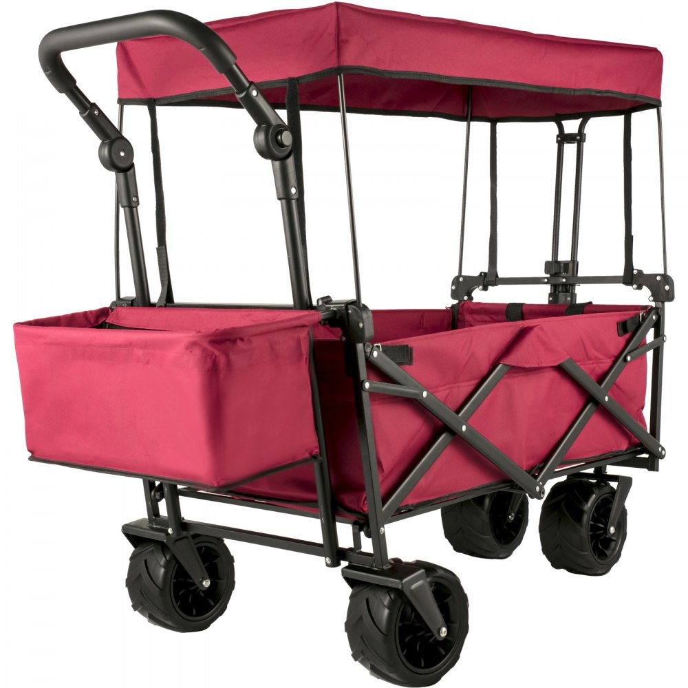 red VEVOR garden cart with canopy and sturdy black frame.