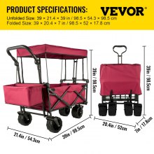 VEVOR Red Collapsible Wagon Cart, Foldable Wagon Cart Removable Canopy 600D Oxford Cloth, Collapsible Wagon Oversized Wheels Portable Folding Wagon Adjustable Handles, For Beach, Garden, Sports