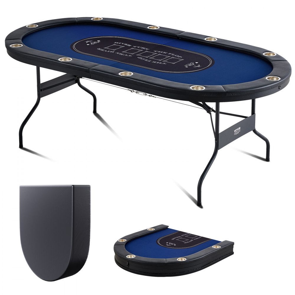 Skladací pokrový stôl VEVOR pre 10 hráčov, pokerový stôl Blackjack Texas Holdem s čalúnenými koľajničkami a držiakmi na poháre z nehrdzavejúcej ocele, prenosný skladací stolový stolík na stolové hry, 84-palcový oválny stolík na voľný čas v kasíne
