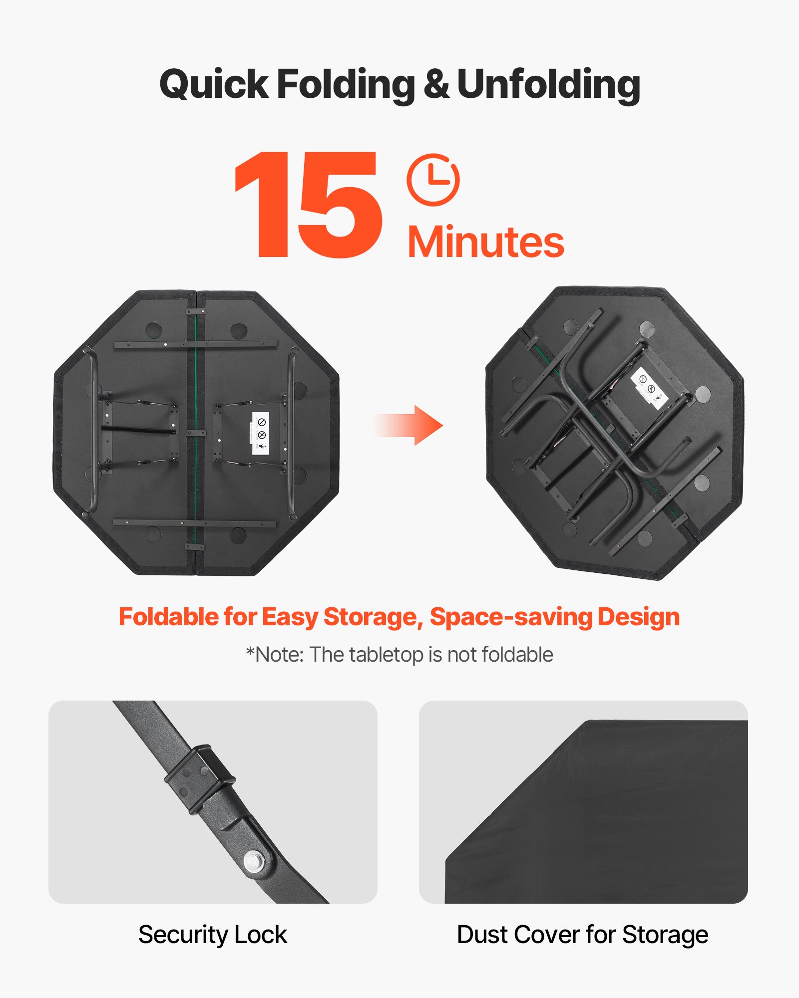 VEVOR Foldable Poker Table, 8 Player 1220 mm Folding Casino Leisure Table with Padded Rails & Cup Holders, Octagonal Portable Game Tables with Felt & Metal Legs, for Texas Hold'em Game and Blackjack