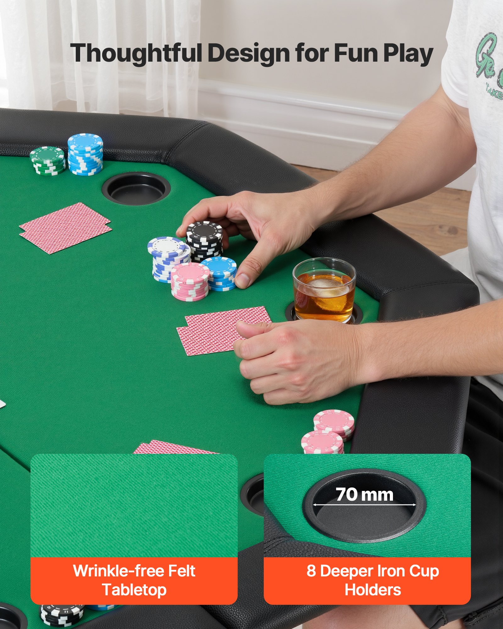 VEVOR Foldable Poker Table, 8 Player 1220 mm Folding Casino Leisure Table with Padded Rails & Cup Holders, Octagonal Portable Game Tables with Felt & Metal Legs, for Texas Hold'em Game and Blackjack