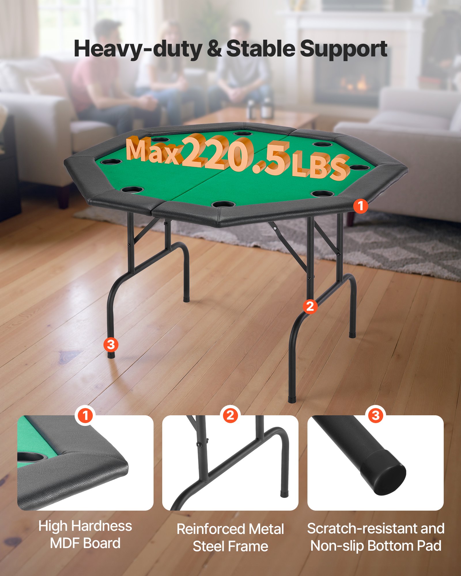 VEVOR Foldable Poker Table, 8 Player 1220 mm Folding Casino Leisure Table with Padded Rails & Cup Holders, Octagonal Portable Game Tables with Felt & Metal Legs, for Texas Hold'em Game and Blackjack