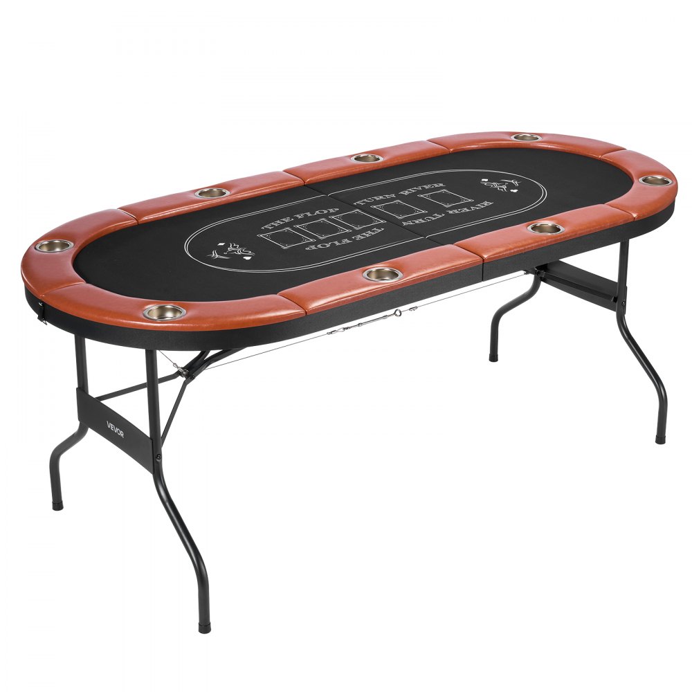 VEVOR Foldable Poker Table, 8 Player 1828.8 mm Folding Casino Leisure Table with Padded Rails & Cup Holders, Oval Portable Game Tables with Felt & Metal Legs, for Texas Hold'em Game and Blackjack